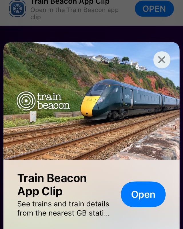 Train Beacon on Train Siding: The FREE Train Beacon app clip is now available on iOS. Visit www.trainbeacon.co.uk in Safari browser to open the FREE App Clip in
iOS 14...