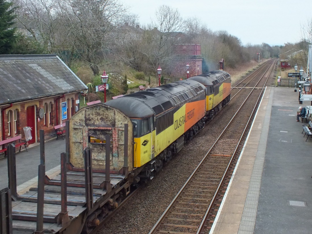 Cumbrian Trainspotter on Train Siding: Colas Rail class 56/0s No. #56096 and #56090 slowly passing Appleby this morning working 6Z15 0854 Carlisle Yard to
Doncaster...