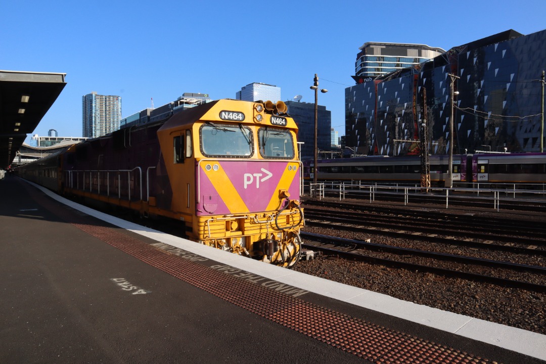 City Gunzals on Train Siding: V/Line N Class N464 prepares to haul the Southern Aurora 60th Anniversary Train out of Southern Cross