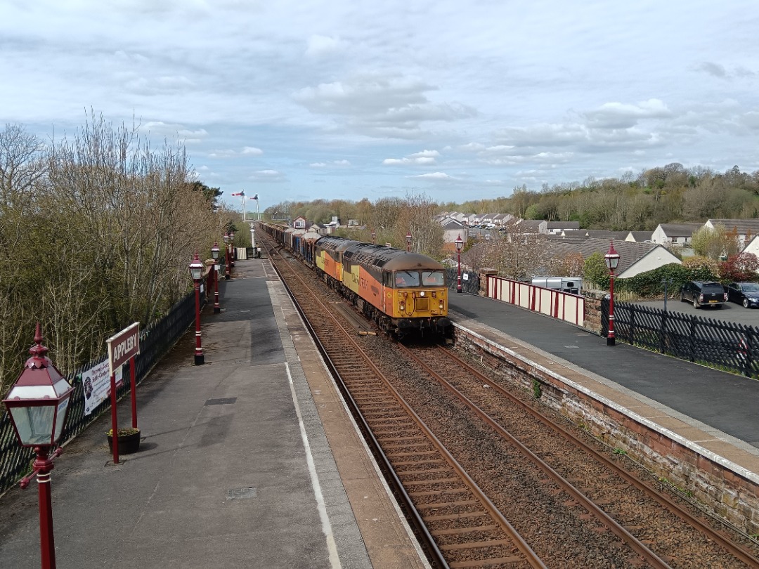 Cumbrian Trainspotter on Train Siding: Colas Rail class 56s No. #56049 "Robin of Templecombe 1938-2013" and #56113 passing Appleby this afternoon
working 6J37 1246...