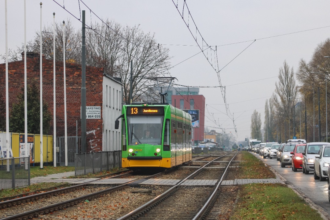 mateu1333 on Train Siding: Siemens Combino #502 of MPK Poznań on line 13 from Starołęka to Junikowo, going along Starołęcka Street.