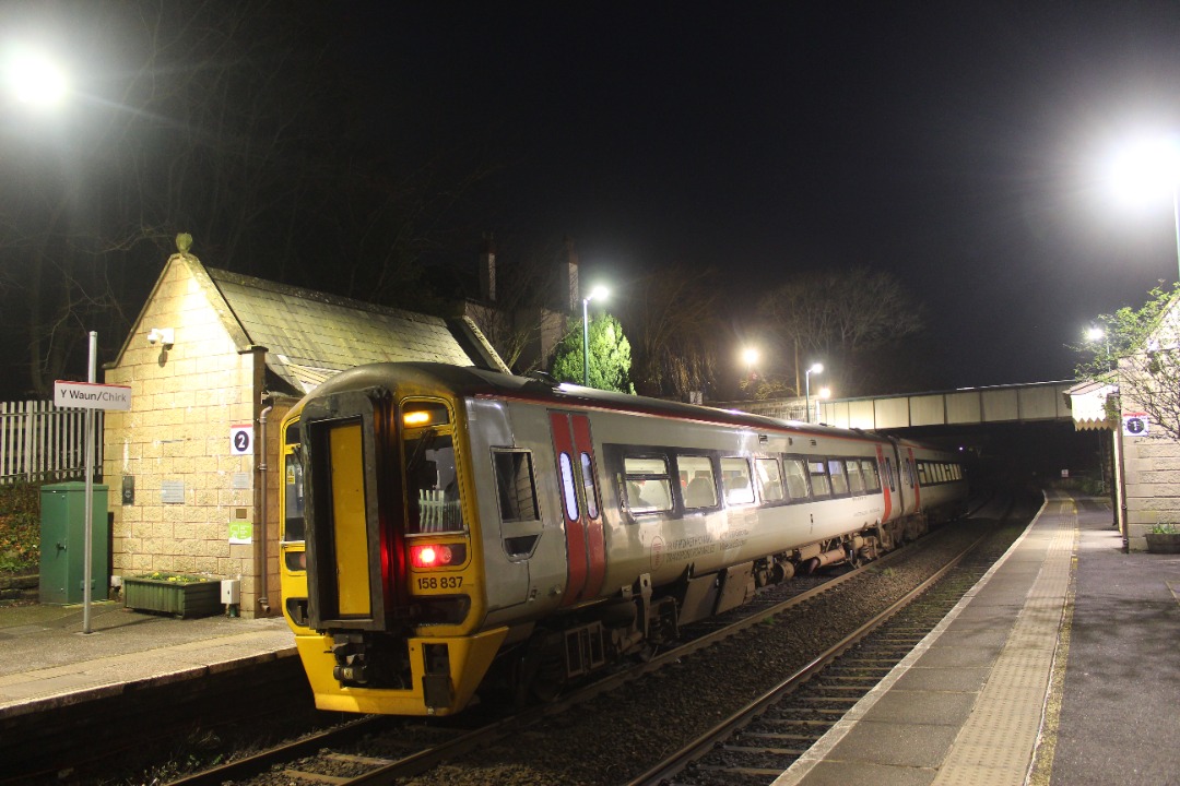 Jamie Armstrong on Train Siding: 158837 working 1J70 1728 Holyhead to Shrewsbury Seen at Chirk Railway Station (19/02/24)
