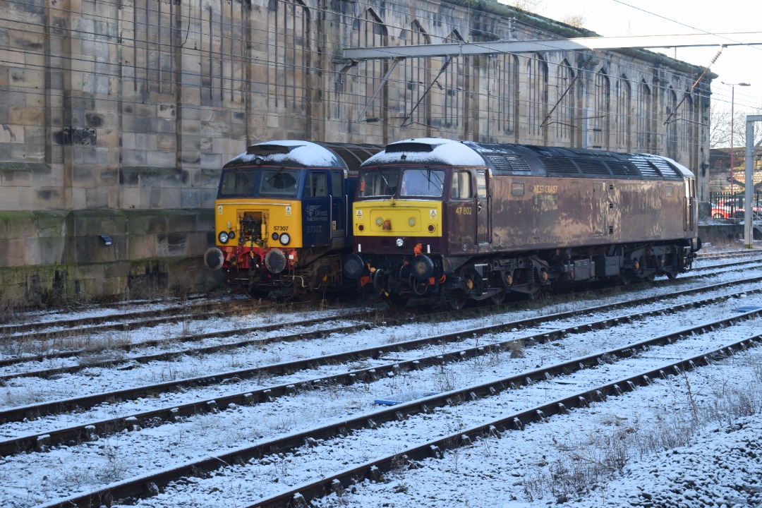 Hardley Distant on Train Siding: CURRENT: 57307 'LADY PENELOPE' (Left) and 47802 (Right) are seen stabled in the Sidings on the West side of Carlisle
Station yesterday...