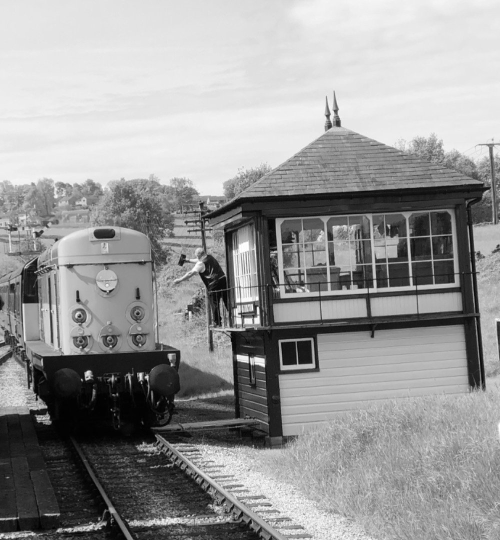 k unsworth on Train Siding: BR Type 1, Class 20 BO – BO Diesel Electric 20031 exchanges the token at Damems signal box K&WVRly yesterday