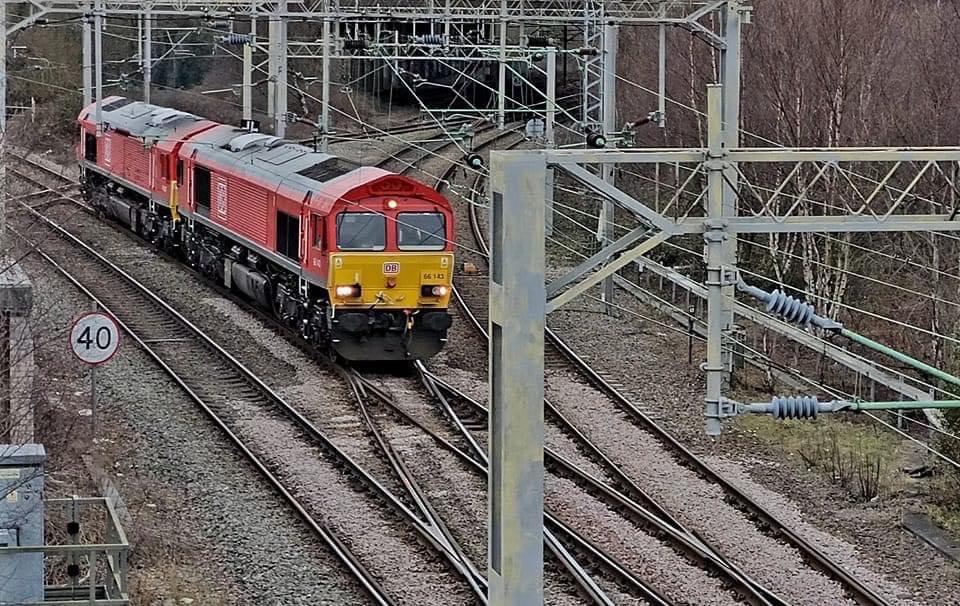 Inter City Railway Society on Train Siding: 66007 & 66143 at Bescot Stadium with the 0R01 Crewe Basford Hall to Bescot Up Engineers Sidings on 11th February
2023.