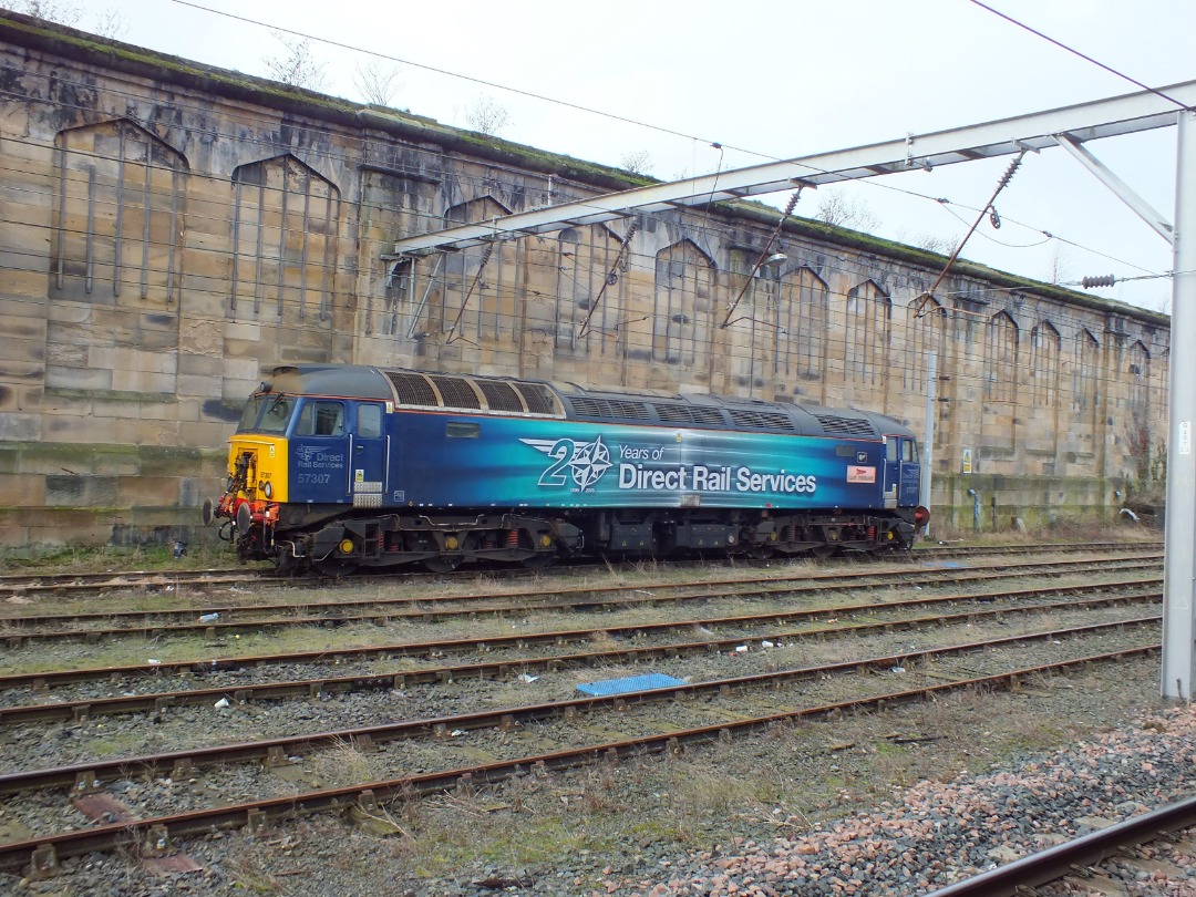 Cumbrian Trainspotter on Train Siding: DRS Class 57/3 No. #57307 "Lady Penelope" wearing the splendid 20 years of DRS livery stabled in Carlisle
station yesterday.