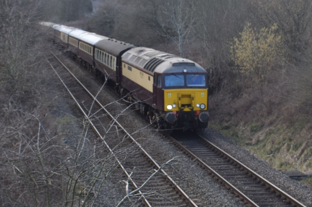 Hardley Distant on Train Siding: CURRENT: 57313 'Scarborough Castle' passes Rhosymedre near Ruabon today with the 1Z35 12:01 Coventry to Chester
(Northern Belle) service.