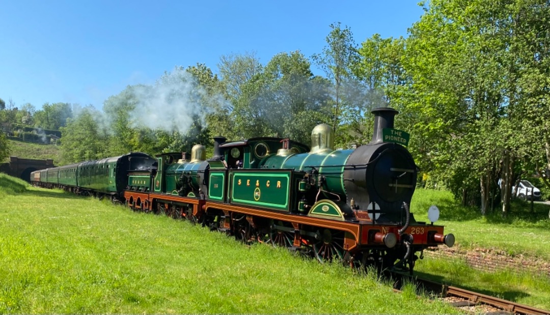 Simon on Train Siding: 31/05/21 Preserved steam locomotives 265 and 63 pass the closed West Hoathley station, having exited Sharpthorne Tunnel, while hauling
the 10:00...