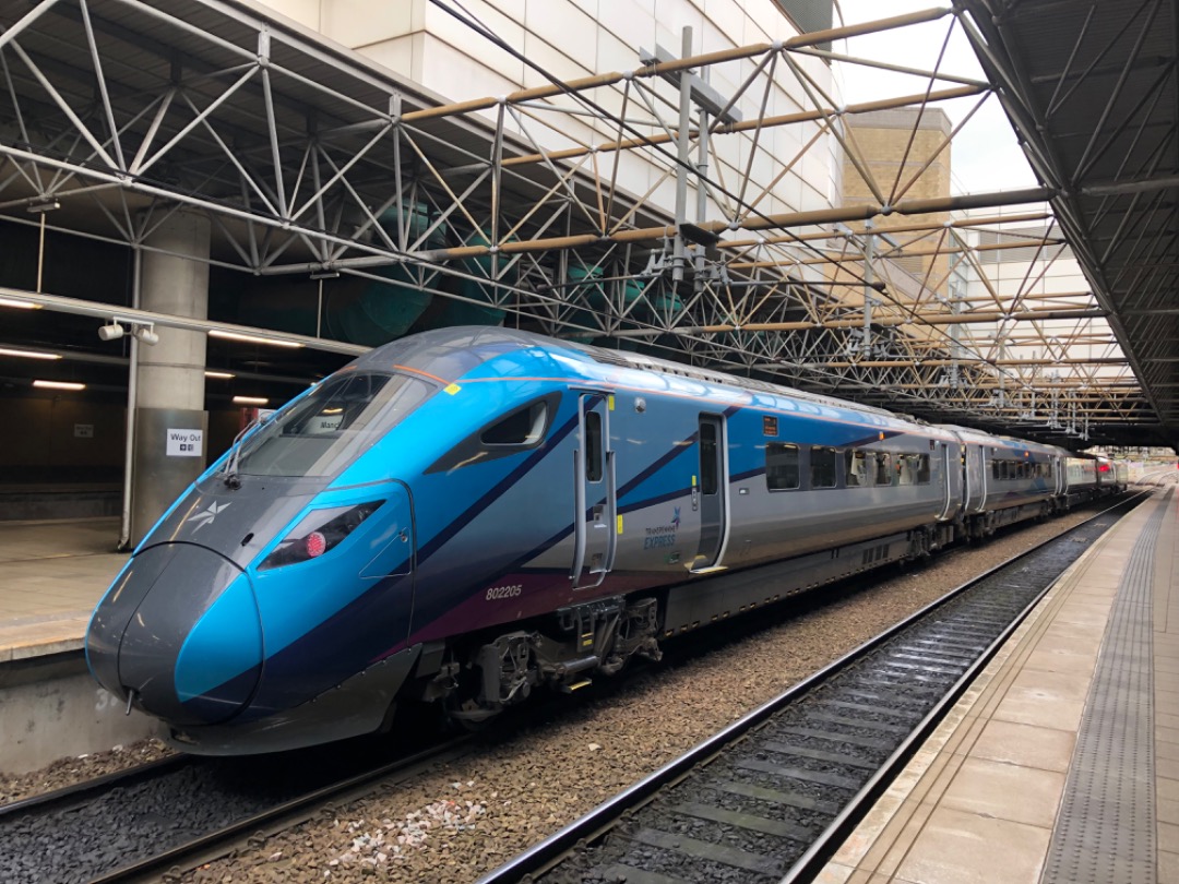 k unsworth on Train Siding: Transpennine Express Hitachi class 802 -802205 prepares to depart Manchester Victoria with the 12:45 to Newcastle yesterday
