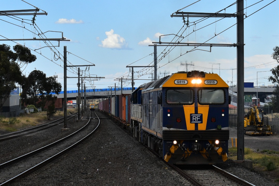 Shawn Stutsel on Train Siding: Railfirst's G515 and VL351 Crosses a Melbourne Metro Trains X-Trap and climbs the grade up towards Hoppers Crossing,
Melbourne with...