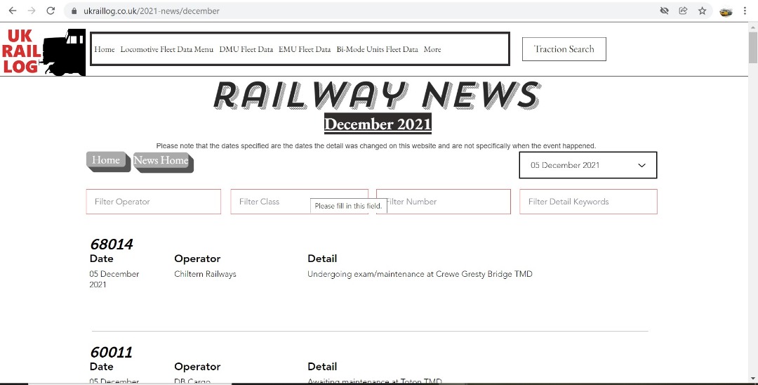 UK Rail Log on Train Siding: Today's stock update is slightly different as I started it yesterday & didn't quite finish so today's update
only covers up to the 5th Dec...
