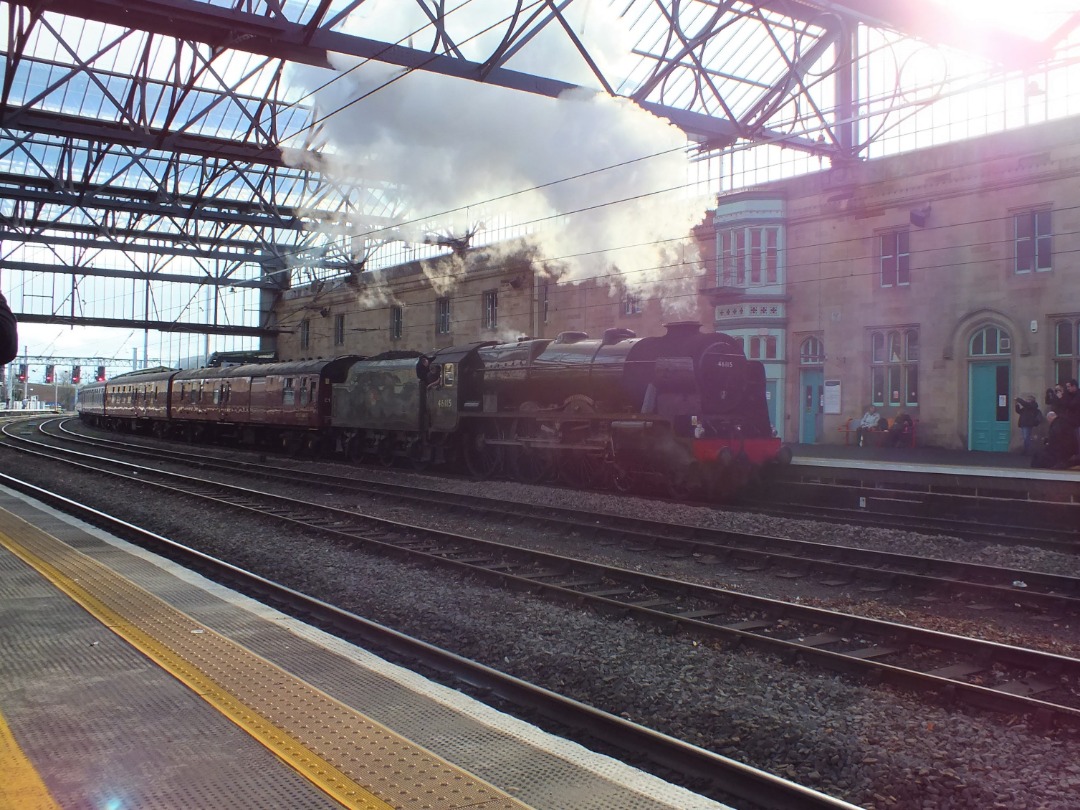 Whistlestopper on Train Siding: WCR steam loco #46115 "Scots Guardsman" arriving into Carlisle yesterday working 1Z86 0654 London Euston to Carlisle
with 'The Cumbrian...