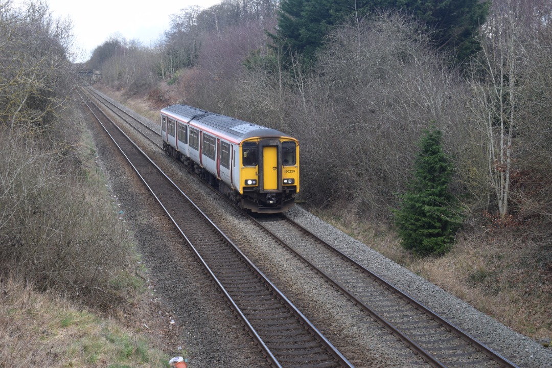 Hardley Distant on Train Siding: CURRENT: 150229 passes Rhosymedre near Ruabon today with the 1I18 11:48 Holyhead to Birmingham International (Transport for
Wales)...