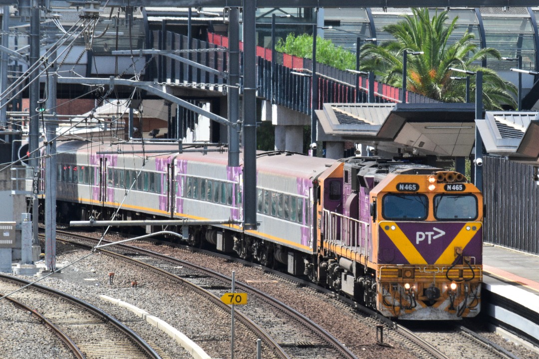Shawn Stutsel on Train Siding: V/Lines N465 pauses at Footscray Station, Melbourne with 8865, Warrnambool passenger service...
