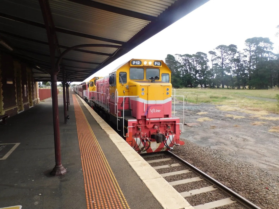 Lachlan Steininger on Train Siding: N470 passes Winchelsea with a down Warrnambool Service, and P15 & P12 leads Captain's Choice Charter. 6.3.22.
