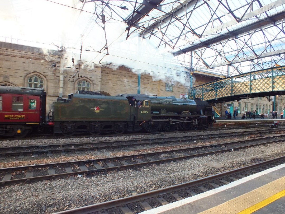 Whistlestopper on Train Siding: WCR steam loco #46115 "Scots Guardsman" arriving into Carlisle yesterday working 1Z86 0654 London Euston to Carlisle
with 'The Cumbrian...