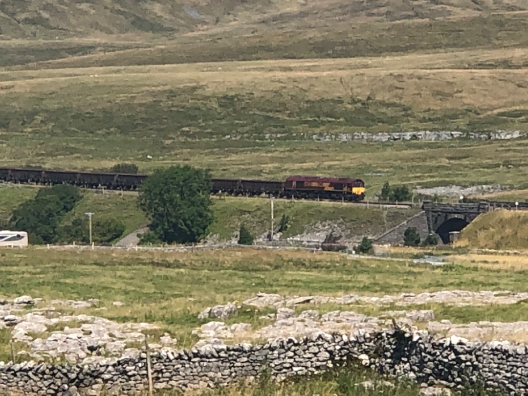 k unsworth on Train Siding: Unidentified former EWS class 66 is dwarfed by the landscape on Ribblehead Viaduct this morning, Whernside in the background.....