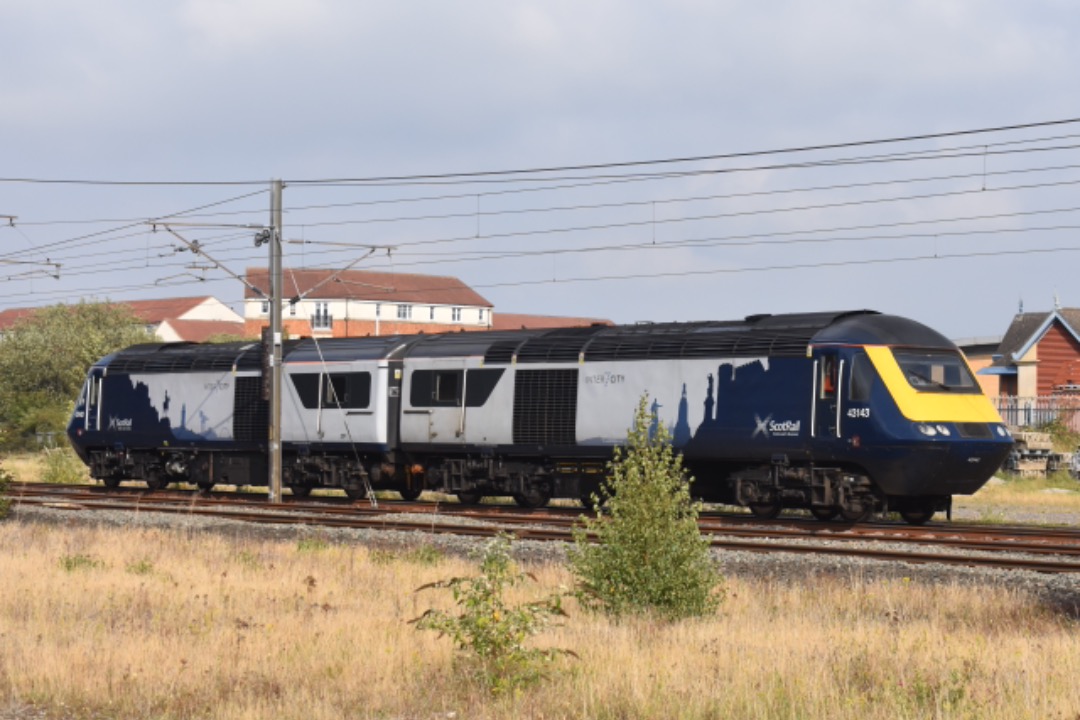 George Stephens on Train Siding: Scotrail back to back power cars 43143 + 43142 seen at Darlington working 0E23 Haymarket Depot - Doncaster Works Wagon Shops