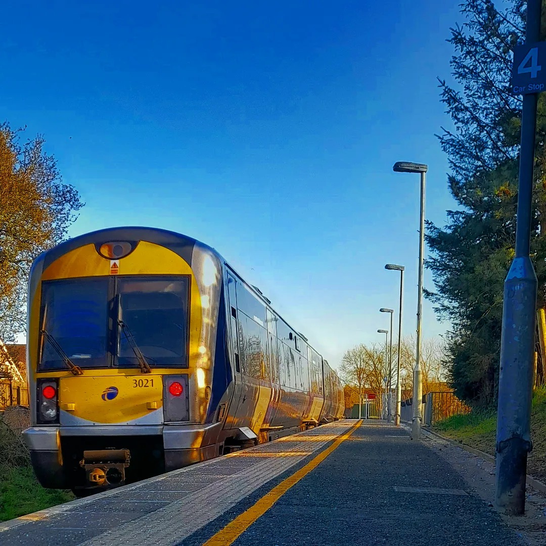 Joel on Train Siding: NI Railways 3000 Class DMU 3021 Departing Cullybackey on the 15:38 from Londonderry to Great Victoria Street (March 2022)