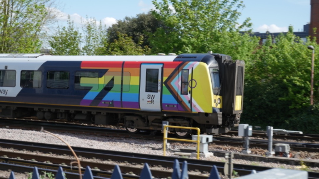 Dean Knight on Train Siding: SWR 444019 "Trainbow". Not the greatest picture as I caught it by chance, entering Basingstoke Station.
