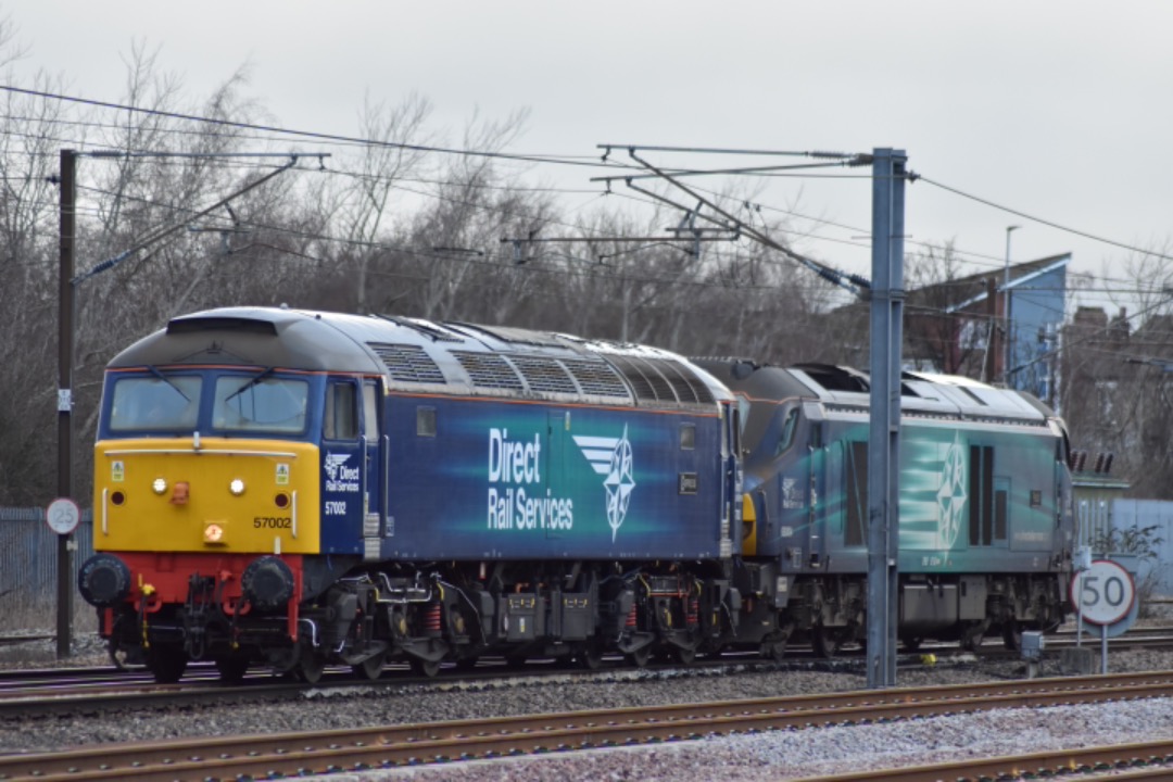 George Stephens on Train Siding: DRS 57002 and 68004 seen at Darlington working 0Z68 Kingmoor Siding DRS - York Parcel Sidings