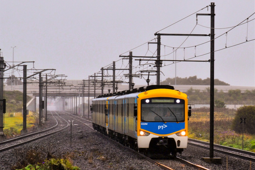 Shawn Stutsel on Train Siding: A Melbourne Metro Trains Siemens Set arrives at Williams Landing Station, Melbourne, with a Flinders Street Service on a very
wet...