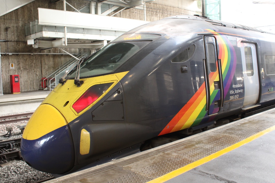 Rhys Harrison on Train Siding: Southeastern Class 395 Javelin in the Trainbow livery awaits departure at Stratford International on a service from Faversham to
London...