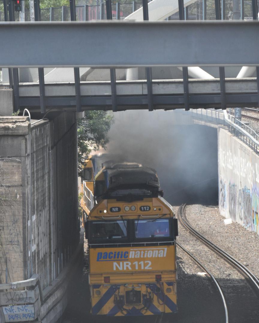 Shawn Stutsel on Train Siding: Pacific National's NR112, NR37 and NR61 smoke it out of the Bunbury Street Tunnel, Footscray Melbourne with 6MP4, Intermodal
Service...