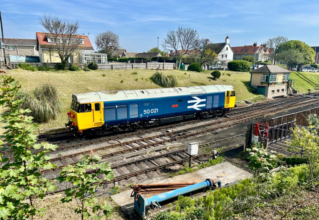 Michael Gates on Train Siding: Class 50, 50021 'Rodney' waits in the warm sunshine on the first full day of the Swanage Diesel Gala.