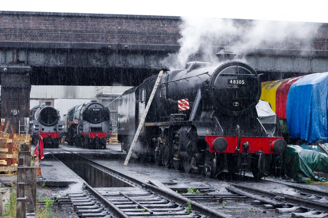 James Wells on Train Siding: 8F class no. 48305 stands outside Loughborough North Shed in torrential rain with 9F no. 92214 and BR Standard 5MT no. 73156 in
the...