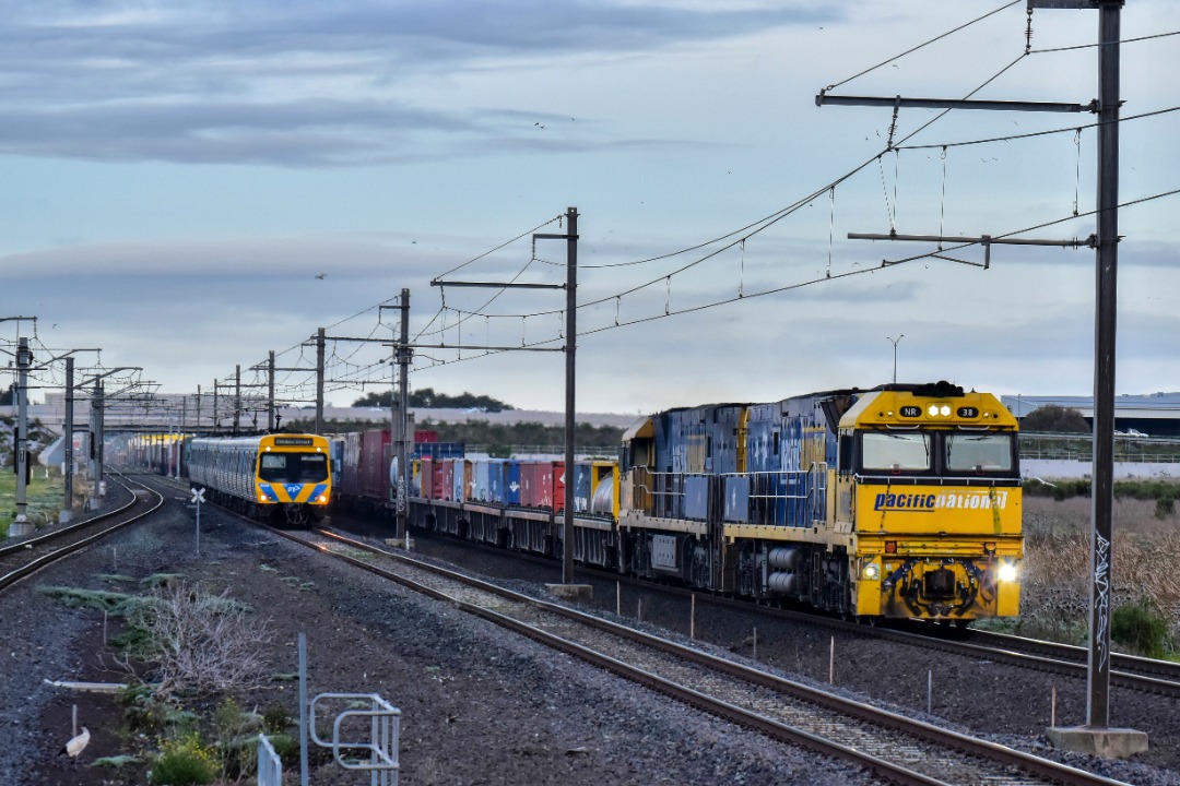 Shawn Stutsel on Train Siding: Pacific National's NR38 and NR11 trundles through Williams Landing, Melbourne with 3AM5, Intermodal Service ex Adelaide and
it is being...