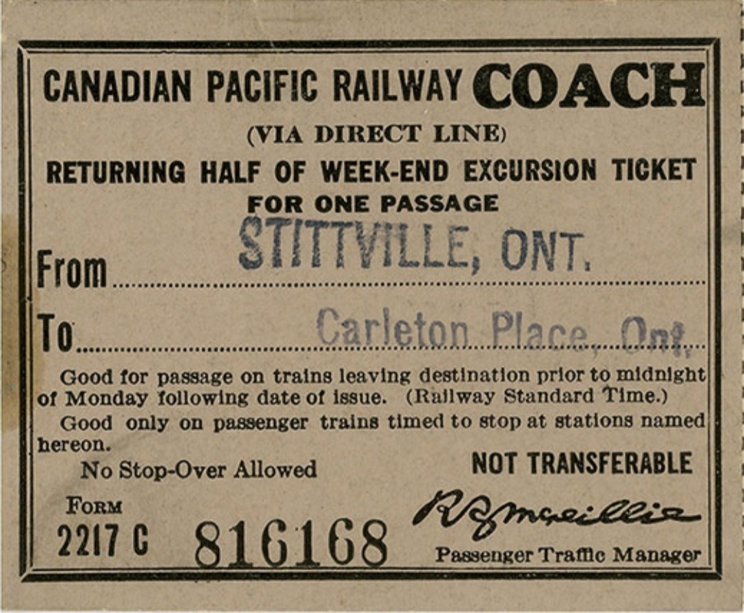 All Aboard! on Train Siding: Canadian Pacific Railway (CPR) coach ticket: Stittsville -> Carleton Place (Ontario) - Date unknown