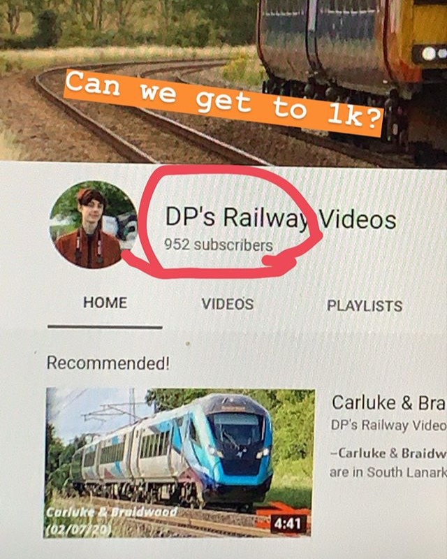 Charlie on Train Siding: Make sure to go and subscribe to DP's Railway Videos on YouTube and help him get to 1k subscribers