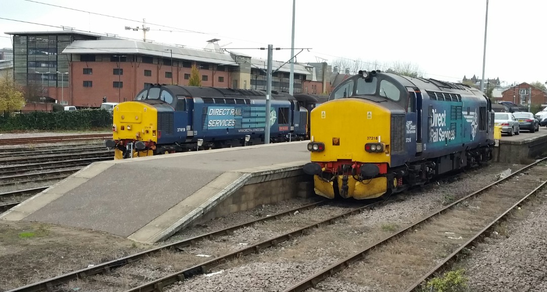 Chris van Veen on Train Siding: 37419 (left) & 37218 (right) stabled at the Lower Station Sidings / Dock, Norwich Thorpe, UK on 12th June 2018, in
connection with...