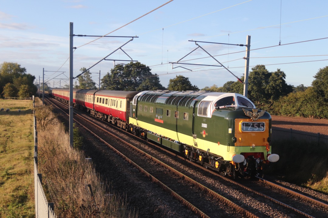 Chris Pindar on Train Siding: Deltic D9000 Royal Scots Grey flying over Dunston Heath on its way to Newcastle bright and early this morning.