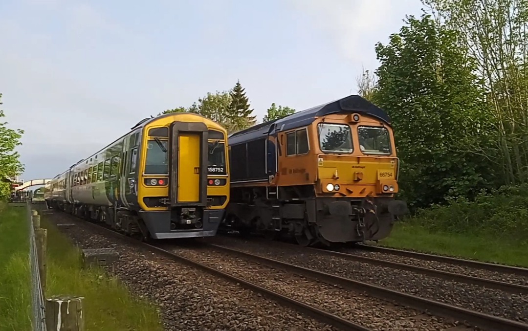 Cumbrian Trainspotter on Train Siding: GBRF class 66/7s No. #66754 'Northampton Saints', #66748 'West Burton 50' wearing "Safer Think
Before you Act" vinyls and #66765...