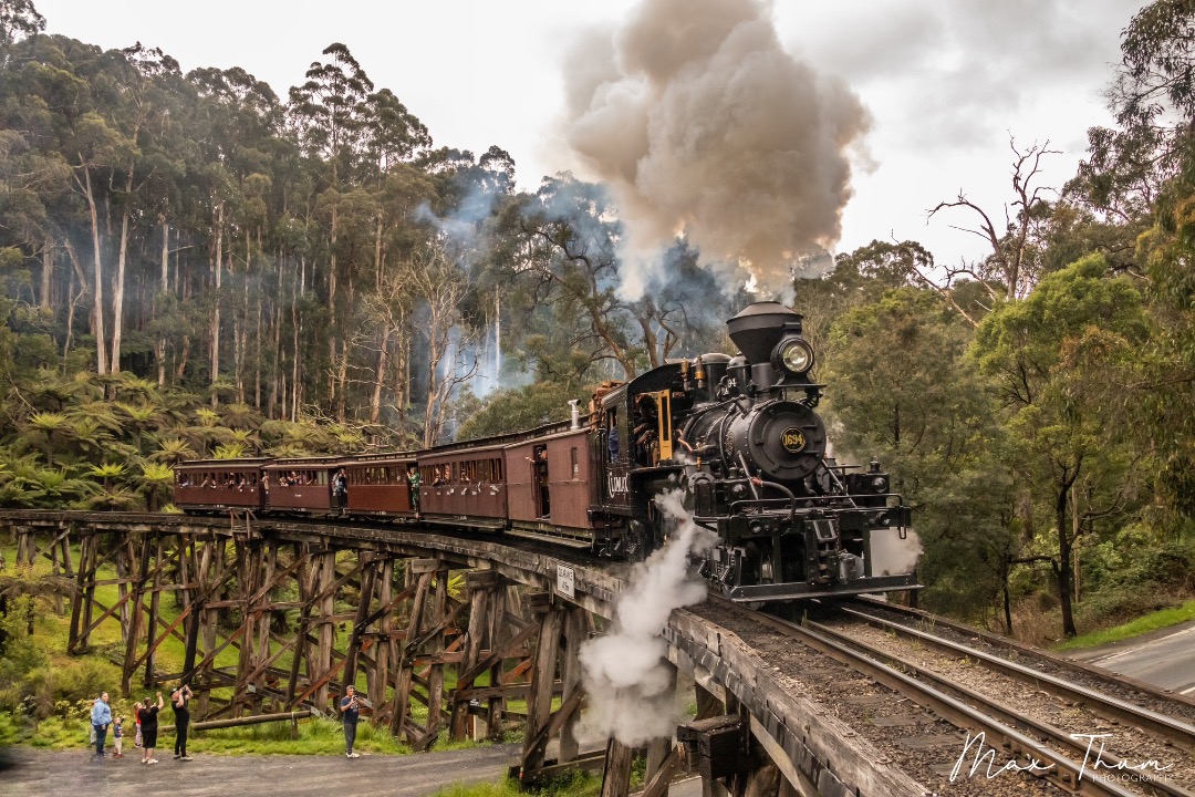 Max Thum on Train Siding: Climax 1694 goes over the iconic Monbulk Creek Trestle Bridge, heading out deeper into the Dandenong Ranges and eventually Clematis.