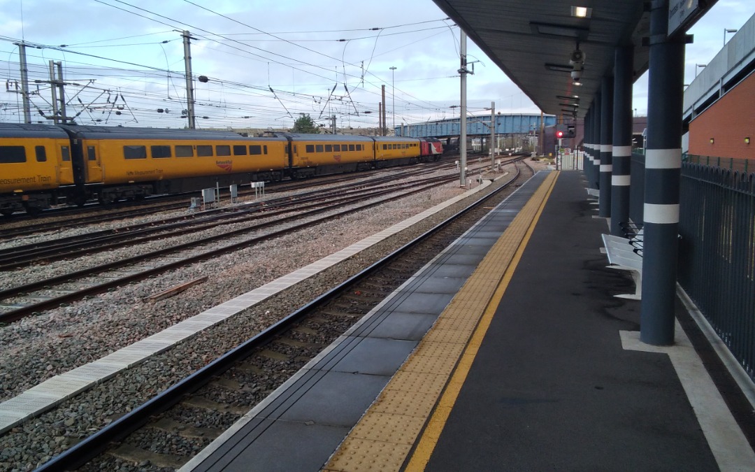 kieran harrod on Train Siding: Network rail New track measurement train with 43290 and 43299 leading it through doncaster station yesterday morning.