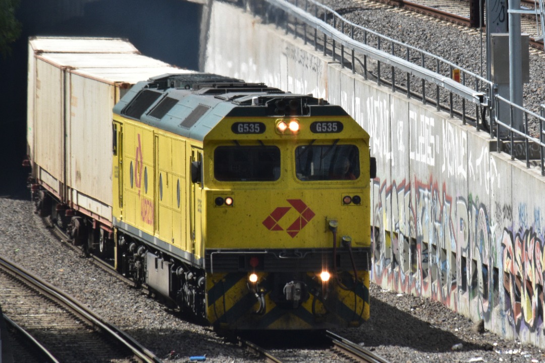 Shawn Stutsel on Train Siding: Aurizon's G535 trundles out of the Bunbury Street Tunnel, Footscray Melbourne with the second half of 5MP1 heading for the
Moorabool...