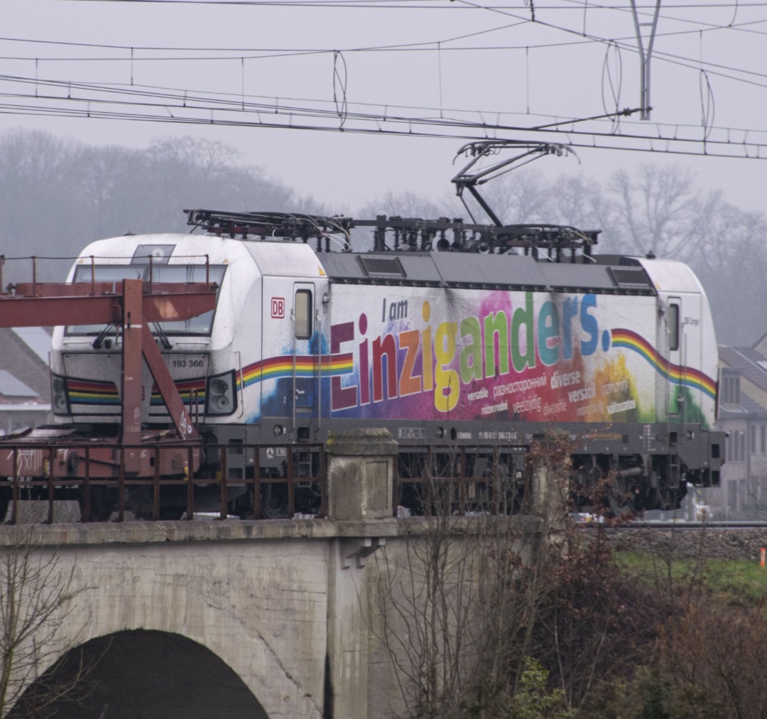 Yves BE-trains on Train Siding: Colourful DB BR193 Vectron "I am Einziganders." with a train of empty car transport wagons.