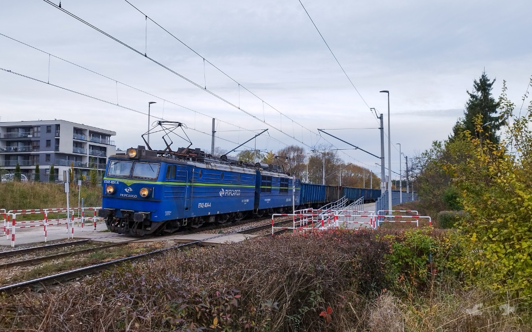 Adam L. on Train Siding: An PKP Cargo ET42 Electric with an loaded gondola drag from the rail yard located in Rykoszyn 🇵🇱 is seen awaiting nearby the
entrance...