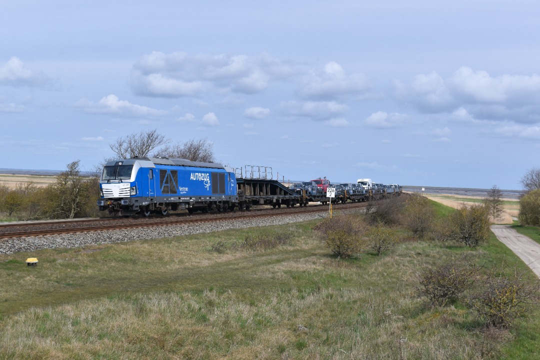 NL Rail on Train Siding: Autozug Sylt 247 909 rijdt met een autotrein langs het Hiirlön in Morsum onderweg naar Westerland.