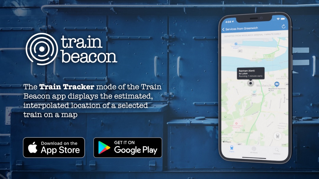 Train Beacon on Train Siding: The Train Tracker mode of the Train Beacon app displays the estimated, interpolated location of a selected Great Britain passenger
train...