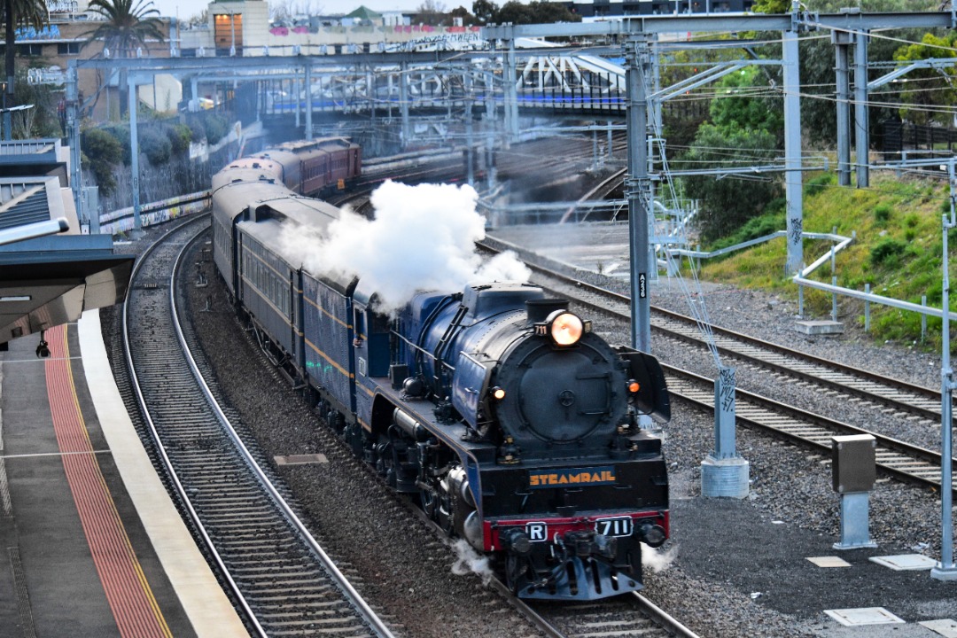 Shawn Stutsel on Train Siding: Steamrail's Victoria R711 trundles through Footscray Station, Melbourne, with the return of the Eureka Express from
Ballarat, running as...