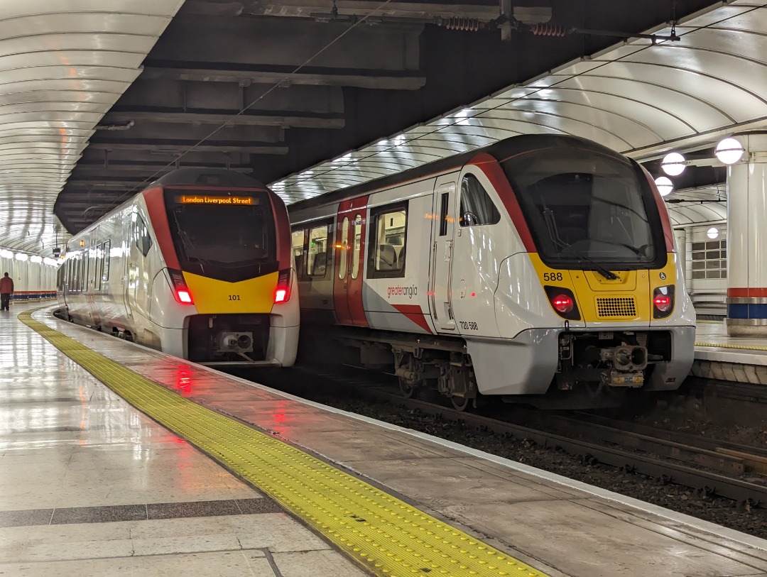 holly rose on Train Siding: Greater Anglia's 745101 and 720588 stand side-by-side at London Liverpool Street. stadler flirts are great trains