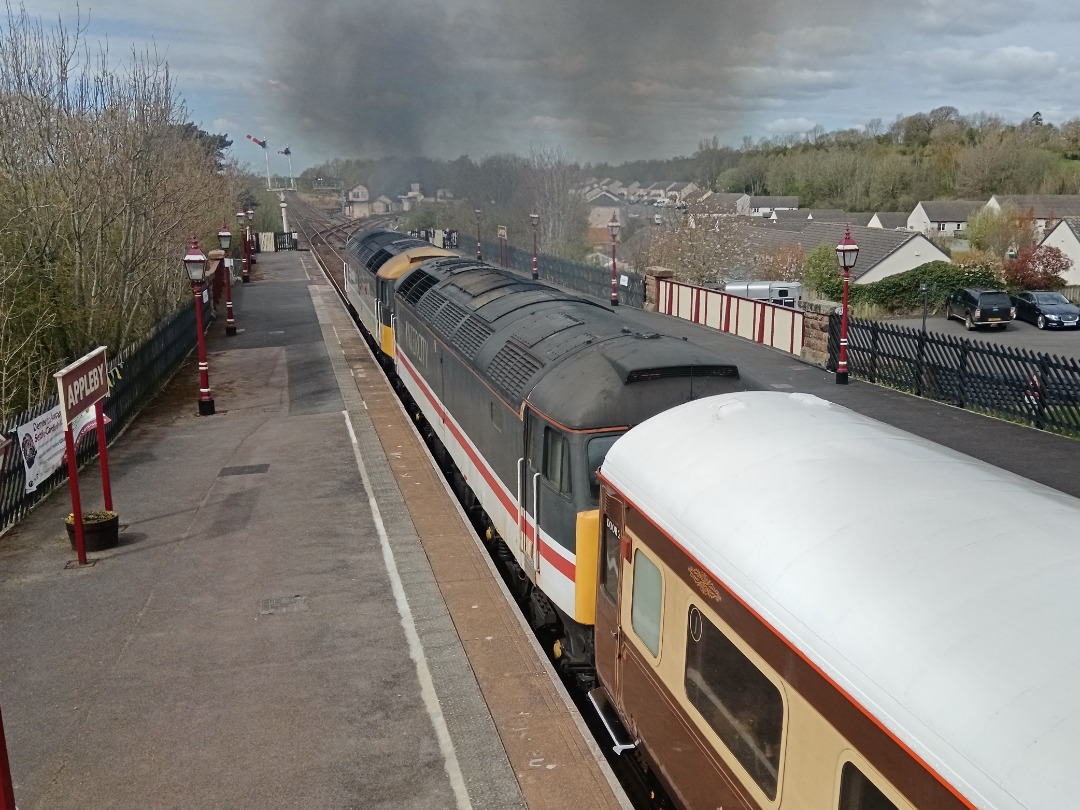 Whistlestopper on Train Siding: Locomotive Services Limited class 47s No. #47712 "Lady Diana Spencer" and #47828 pausing at Appleby this afternoon
working 'The S&C...