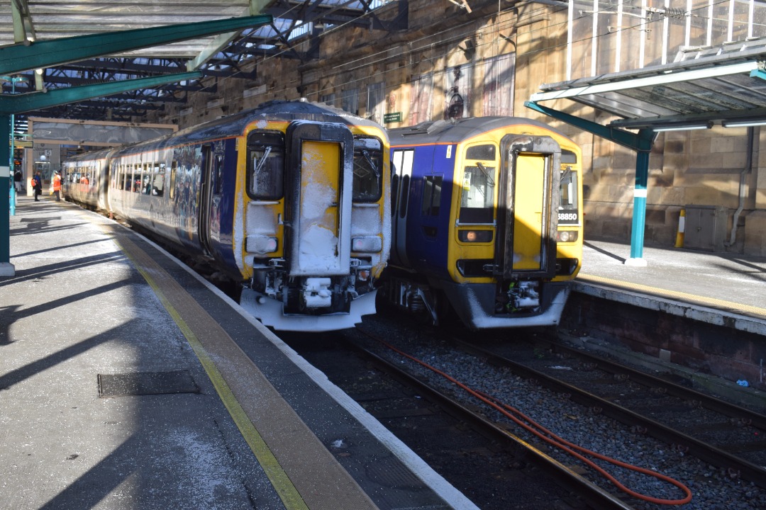 Hardley Distant on Train Siding: CURRENT: A snow covered 156449 (Left) and 158850 (Right) stand in the Southern end bay platforms at Carlisle Station
yesterday.