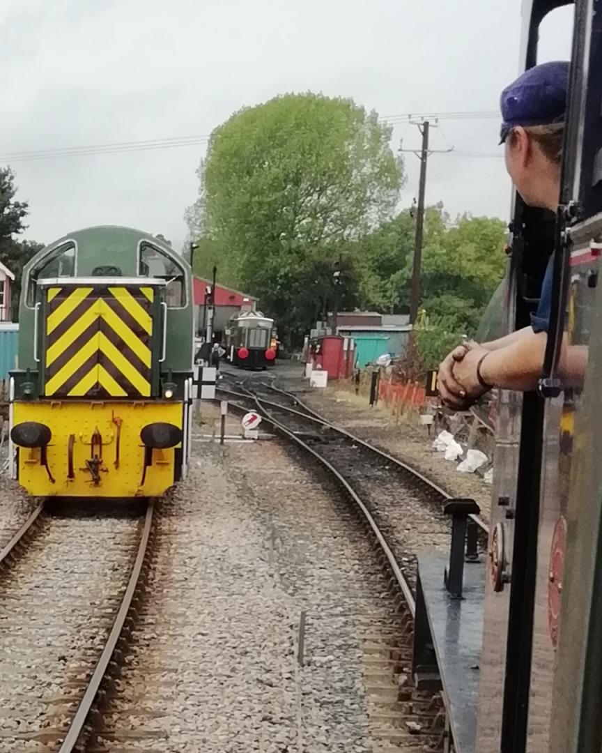 WBM on Train Siding: A class 14 sits waiting with an engineering train while a Ruston shunter sits quietly in the yard as our steed a Hunslet austerity tank
approaches...