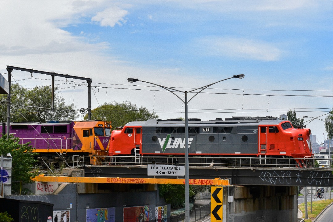 Shawn Stutsel on Train Siding: V/Lines A66 and N456 race across Napier Street, Footscray Melbourne as a Light Engine Movement from Dynon to Newport, running as
0599.