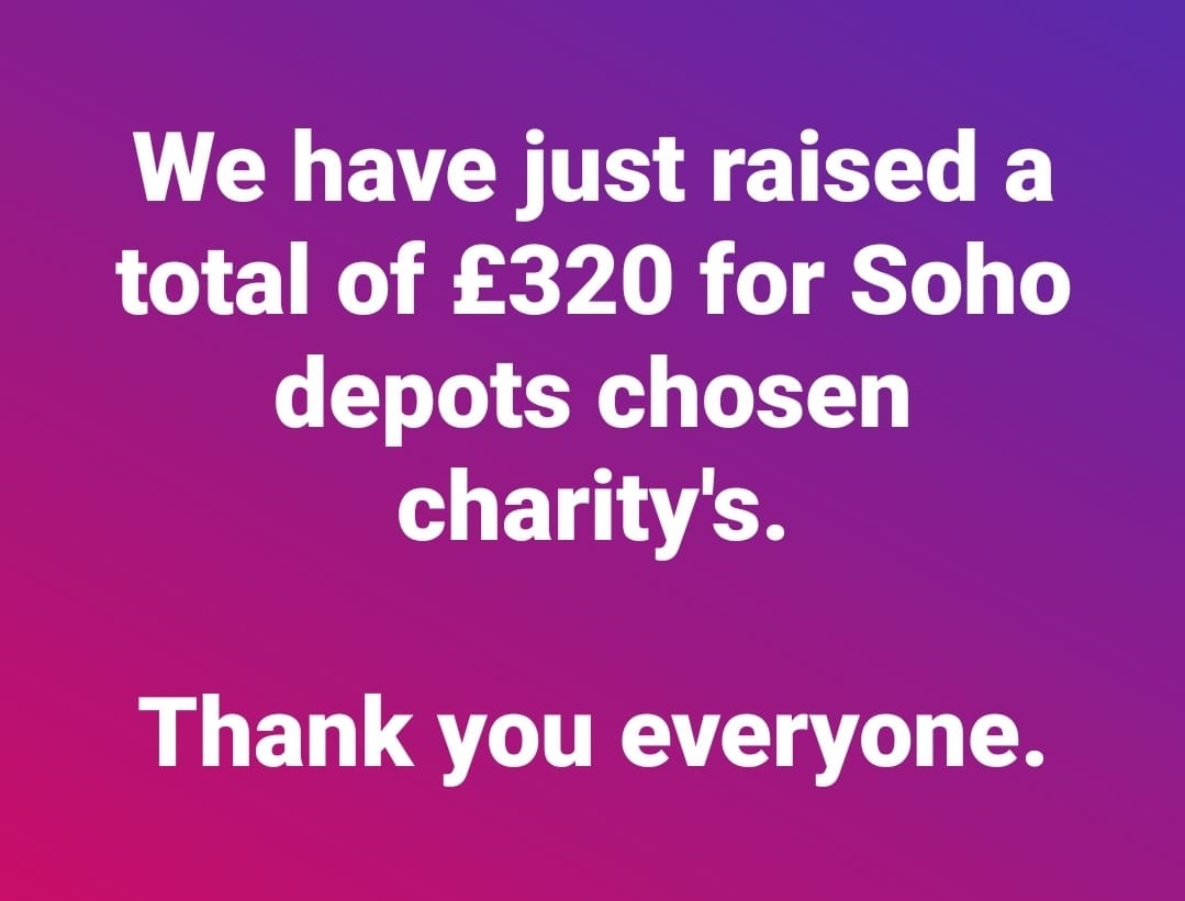 Rail Riders on Train Siding: Through our upcoming visit to Soho depot we have managed to raise at total of £320 for their chosen charity's.
